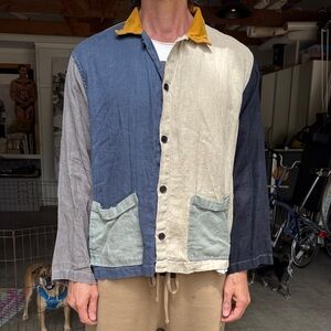 Men's Colorblock Button-Up French work shirt in Blue, Cream & Black